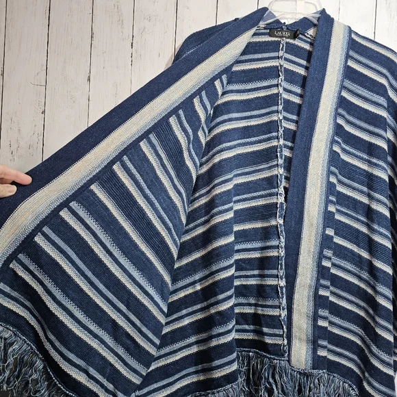 Ralph Lauren LRL Black Label Blue Striped Cotton Fringed Cardigan Size S/M. - Picture 10 of 15